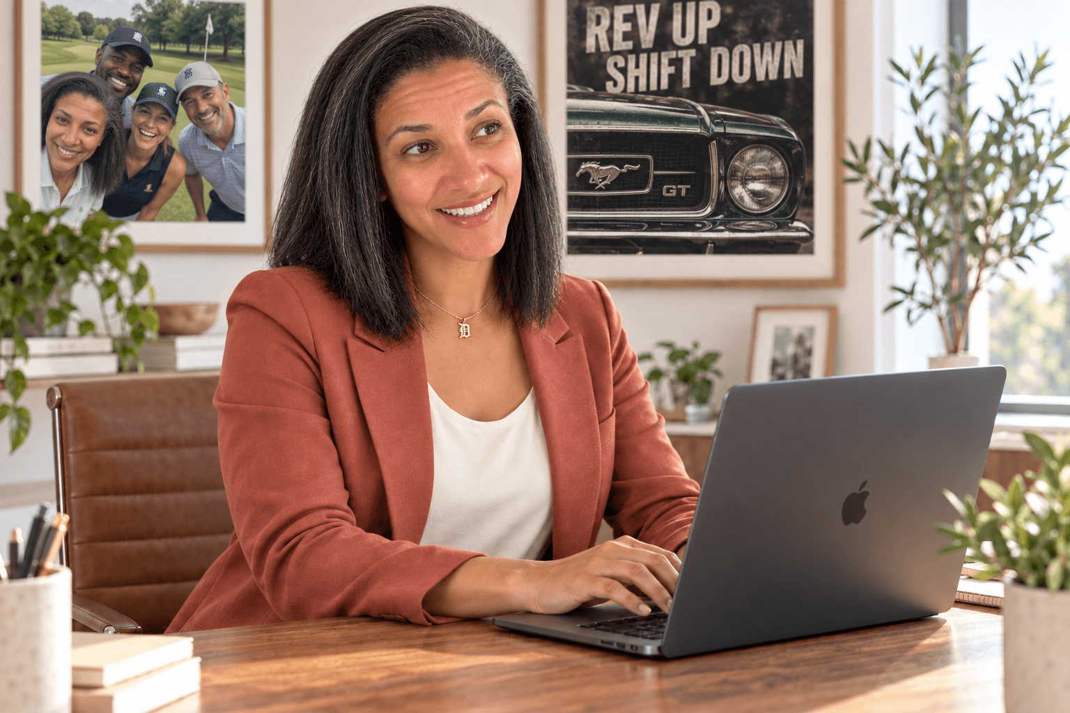AI illustration of Autumn in a terracotta blazer at her laptop, with a Mustang print and an illustrative golf selfie behind her.