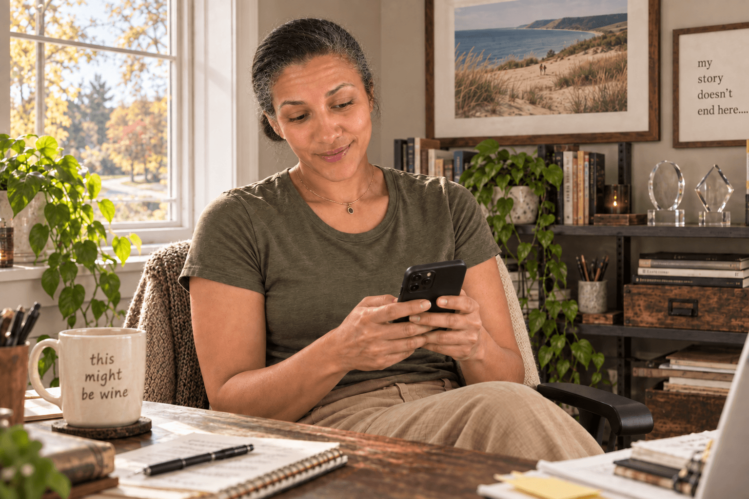 AI illustration of Autumn in a casual olive shirt, sending a text in a bright workspace.