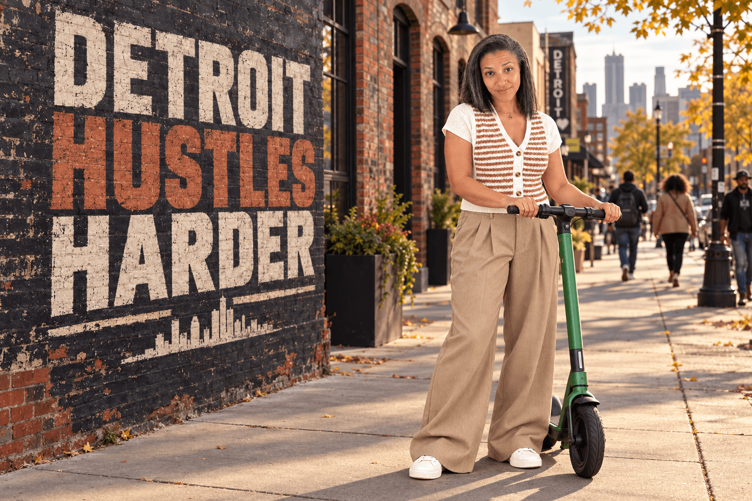 AI-generated scene of Autumn in cream and tan beside a green scooter and a Detroit Hustles Harder mural